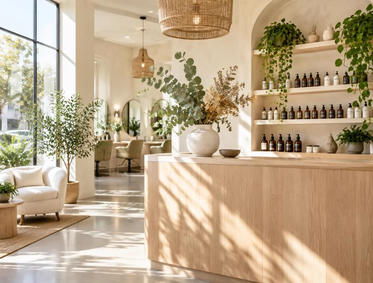 Bright salon reception with a light oak counter, fresh eucalyptus, and shelves of amber product bottles