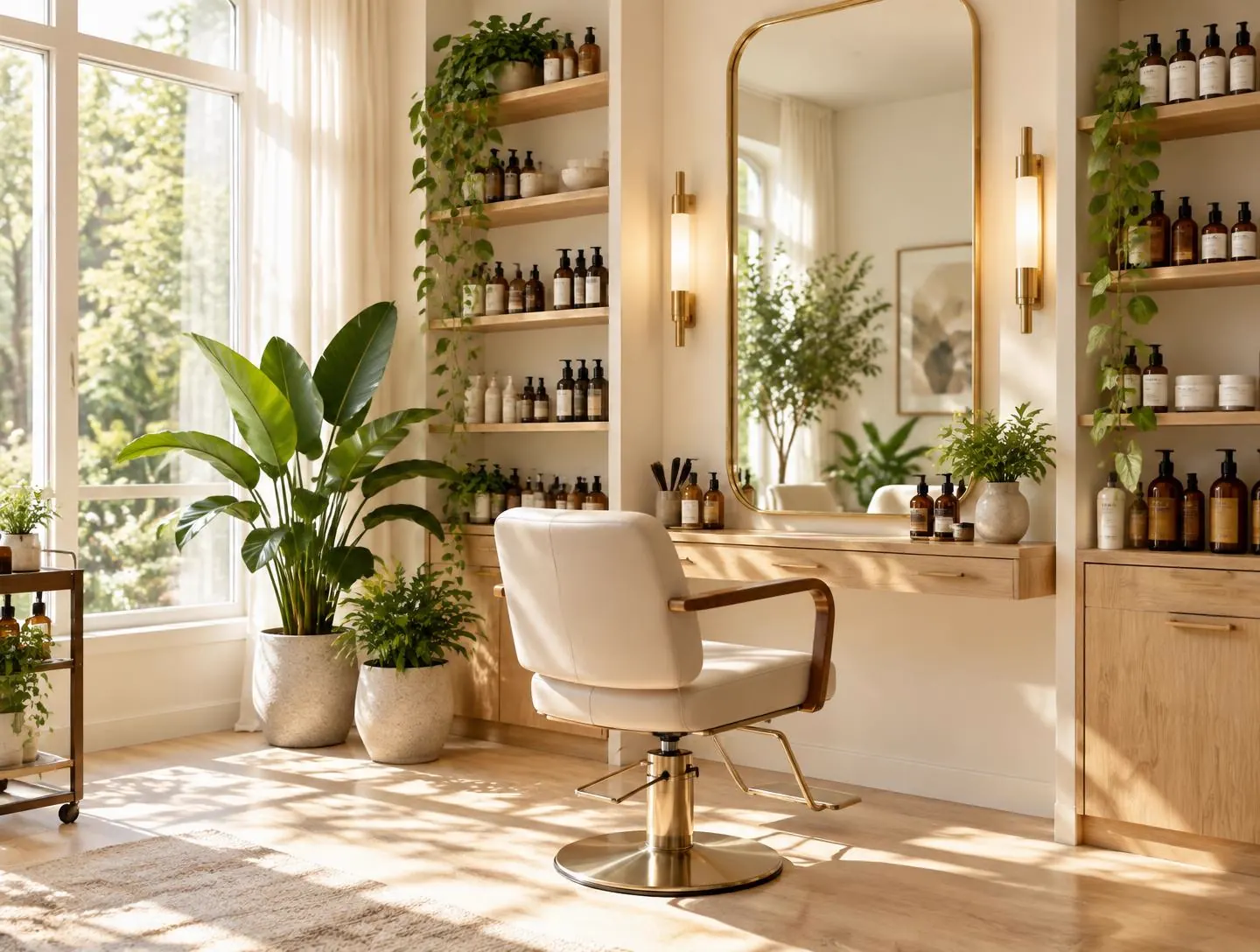 Sunlit salon treatment room with a styling chair, brass mirror, green plants, and shelves of hair care bottles