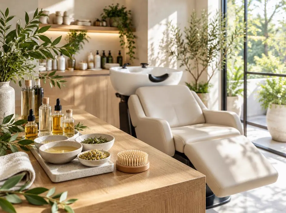 Sunlit scalp treatment station with bowls of botanical oil, dropper bottles, and a wooden brush