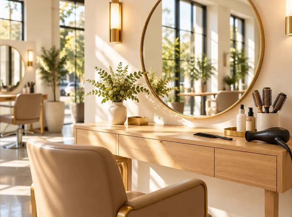 Bright styling station with a round brass mirror, brushes, and a vase of fresh greenery