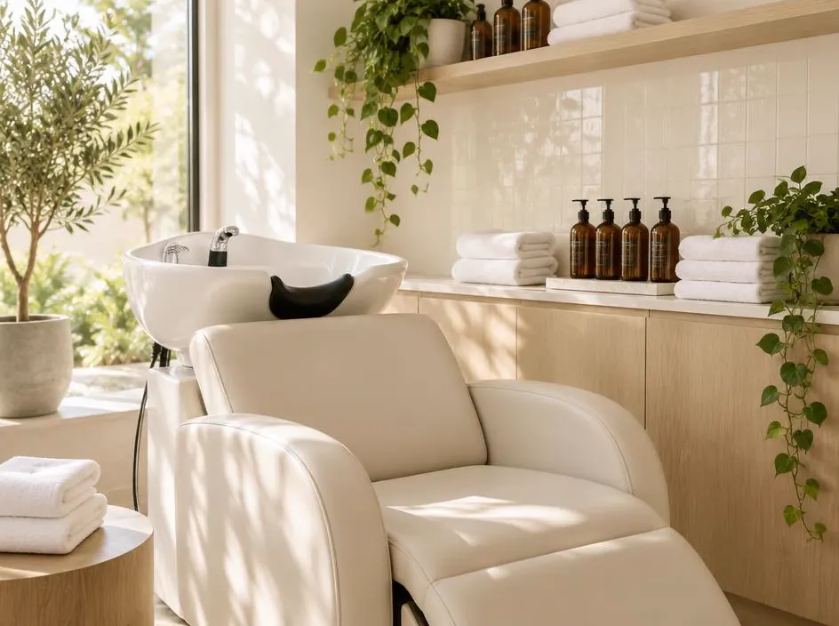 Sunlit salon washing station with a white basin, folded towels, and trailing green plants